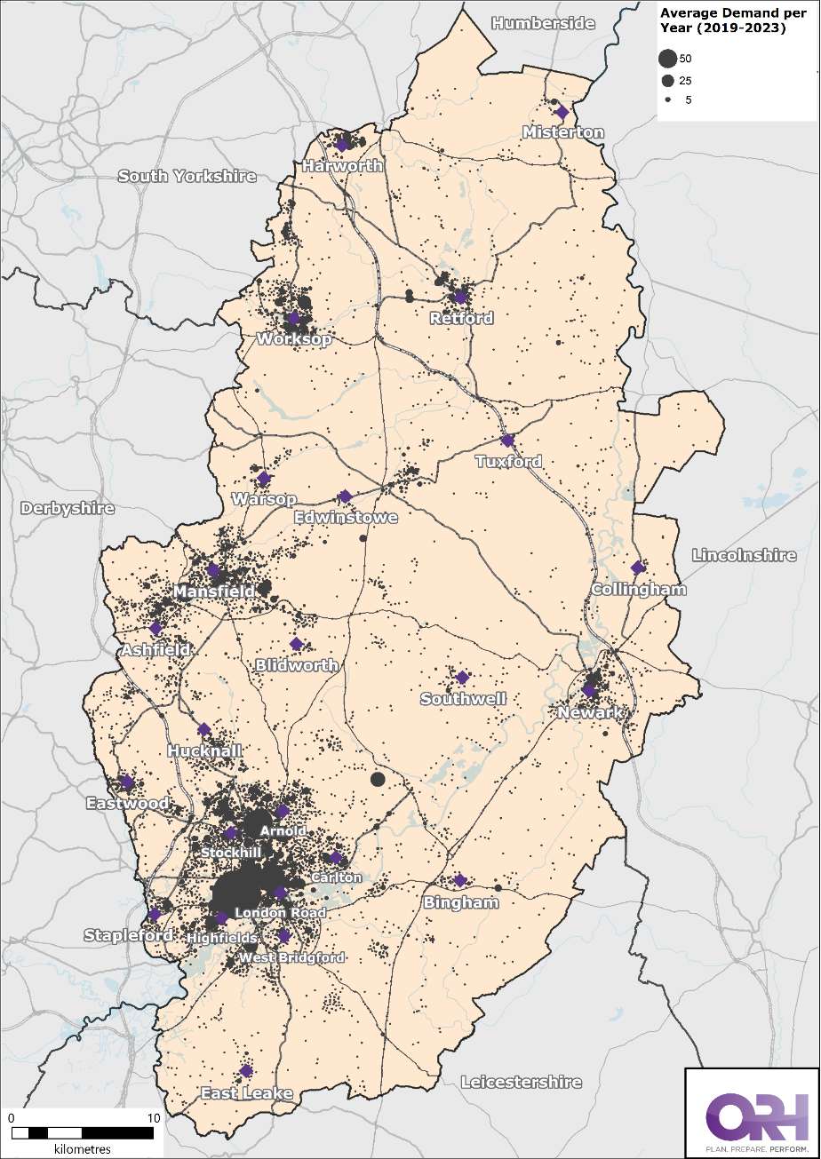 Map of Nottinghamshire showing the location of all incidents from 2019-2023