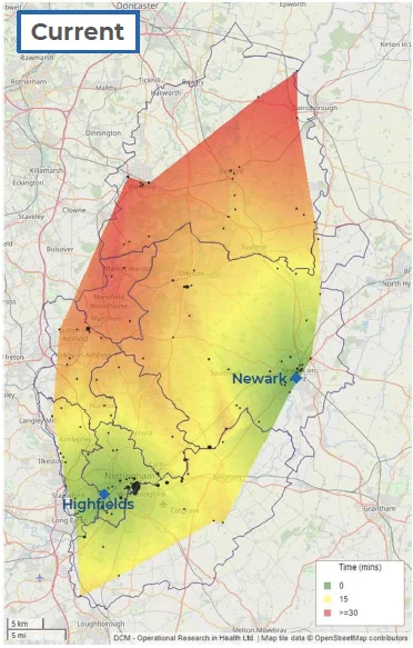 Heat map of Nottinghamshire showing the current location of water rescue at Newark