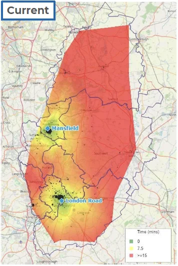 Map of Nottinghamshire showing the historical response times for the current locations of Aerial Ladder Platforms
