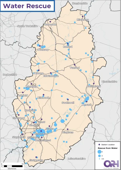 Map of Nottinghamshire showing the location of water rescues.