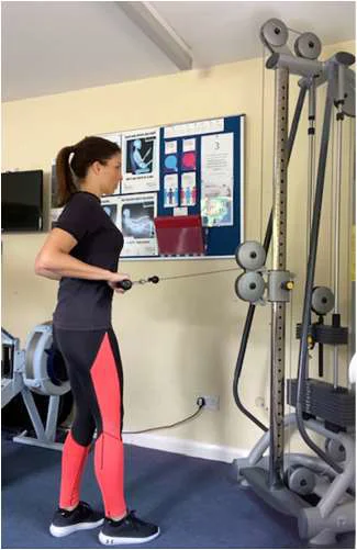 Standing row exercise with arms pulled into the body