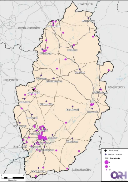 Map of Nottinghamshire showing the location of incidents involving the Command Support Unit