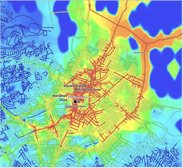 Heat map of Arnold showing the current and ideal location of Arnold Fire Station