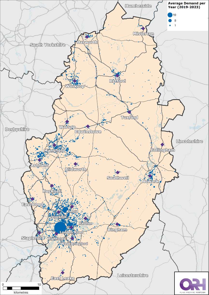 Map of Nottinghamshire showing the average demand of good intent false alarms between 2019 - 2023