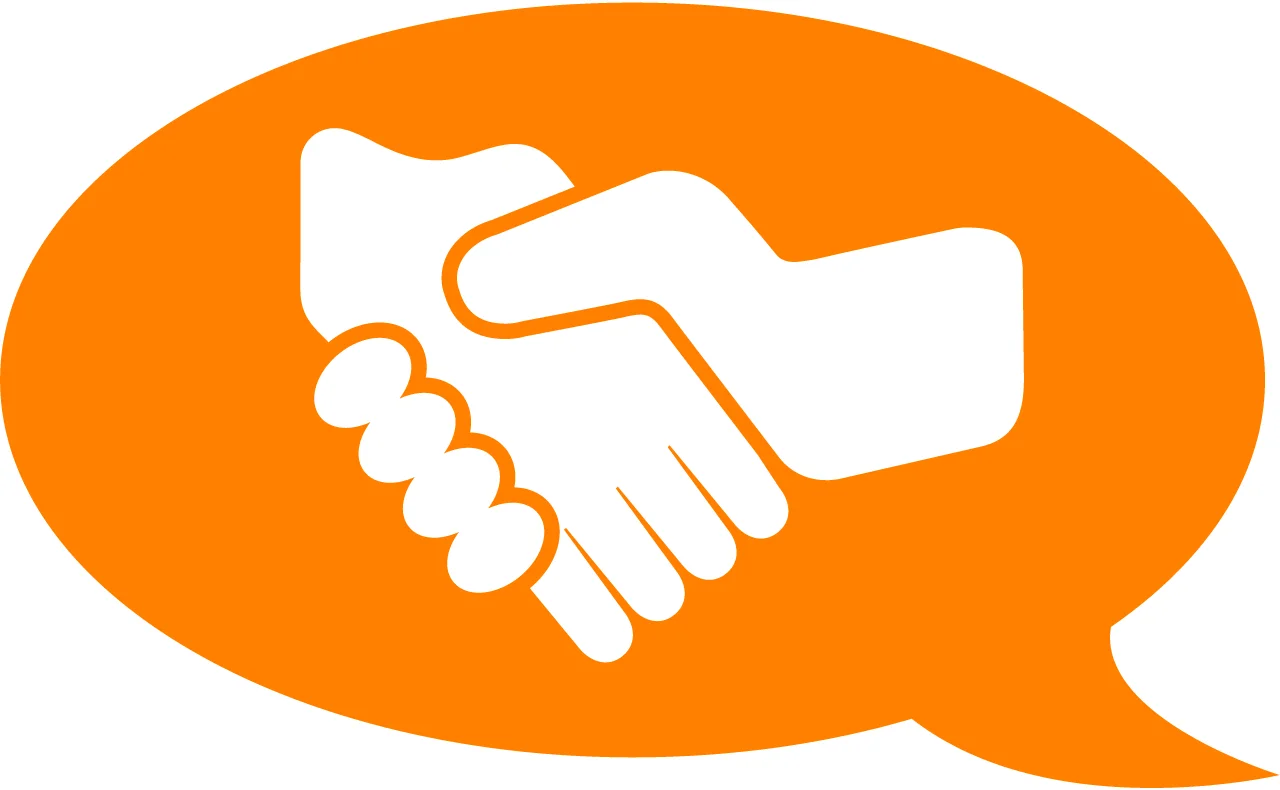 Orange speech bubble with hands shaking inside