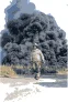Firefighter walking towards the camera with a large amount of smoke behind them