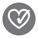 grey circle with a white heart and a white tick