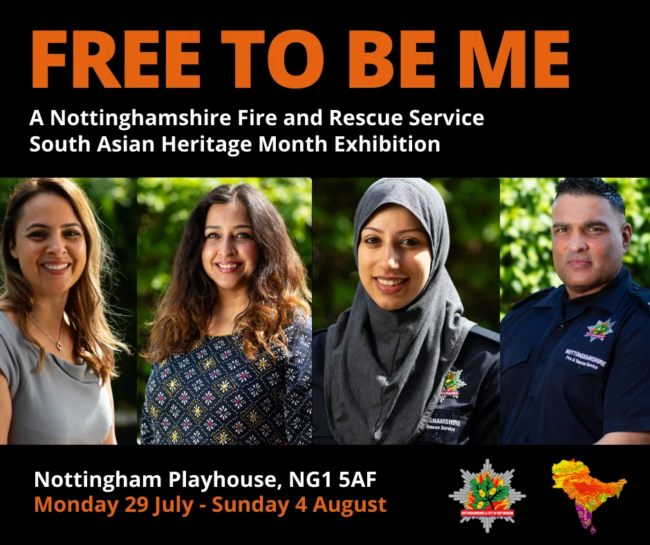 A black and orange graphic including four portraits of south asian members of staff, including details on the upcoming exhibition