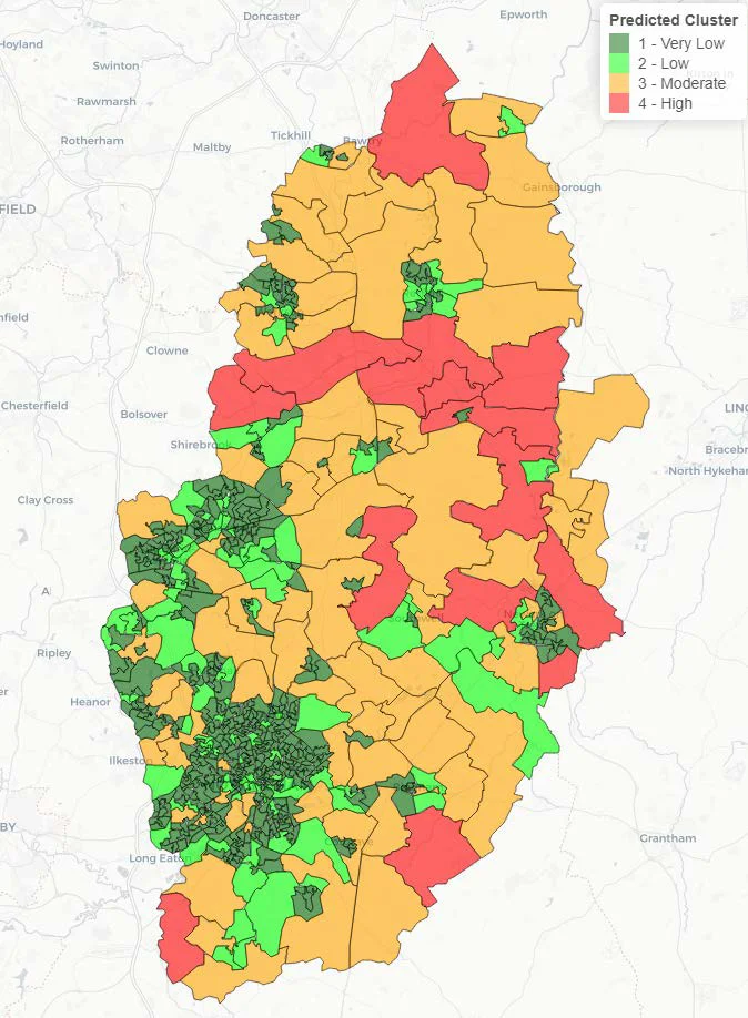Predicted risk cluster map of Nottinghamshire showing road traffic collisions.
