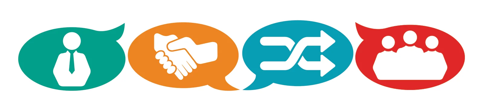 Four coloured speech bubbles, from left to right, blue speech bubble with white crossed arrows, red speech bubble with white outline of three people inside, green speech bubble with an outline of a person in white, orange speech bubble with and outline of two hands shaking.