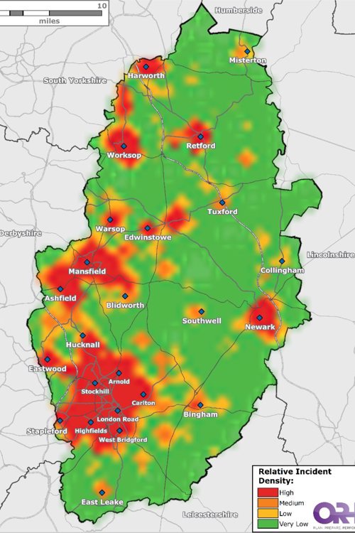 Heat map showing the location of incidents within Nottinghamshire