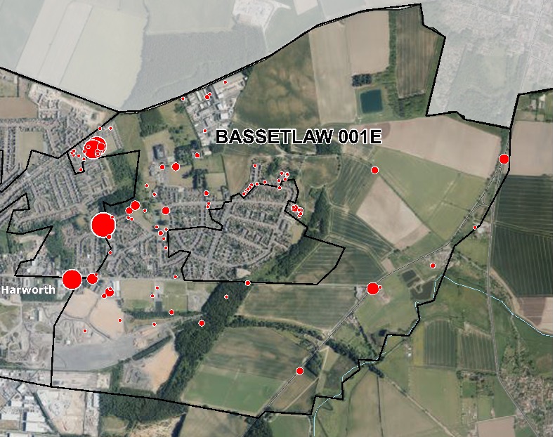 Map of Bassetlaw showing hotspots of incident data.