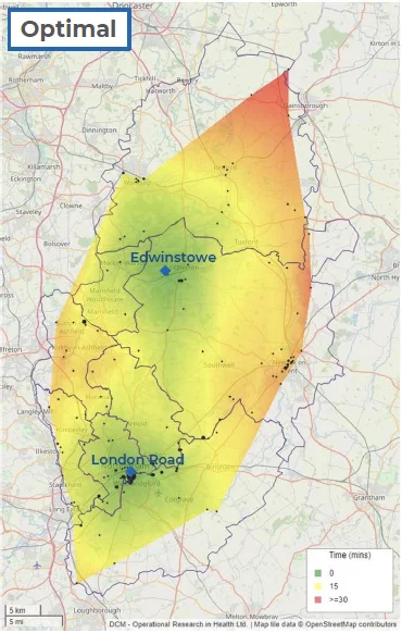 Heat map of Nottinghamshire showing the optimal location of two water rescue units (London Road and Edwinstowe)