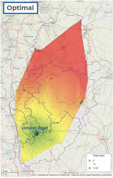 Heat map of Nottinghamshire showing the optimal site for water rescue being London Road.