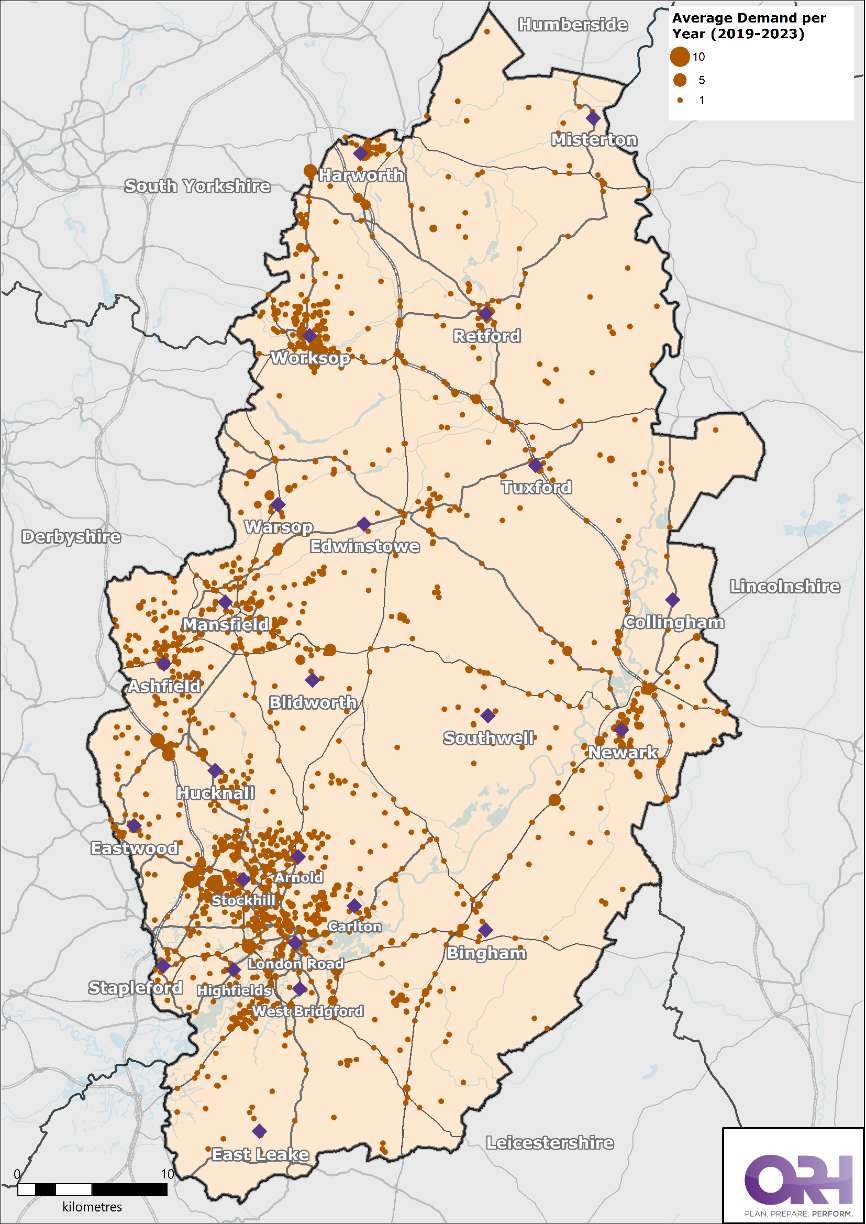 Map of Nottinghamshire showing the average demand of road vehicle fires between 2019 - 2023