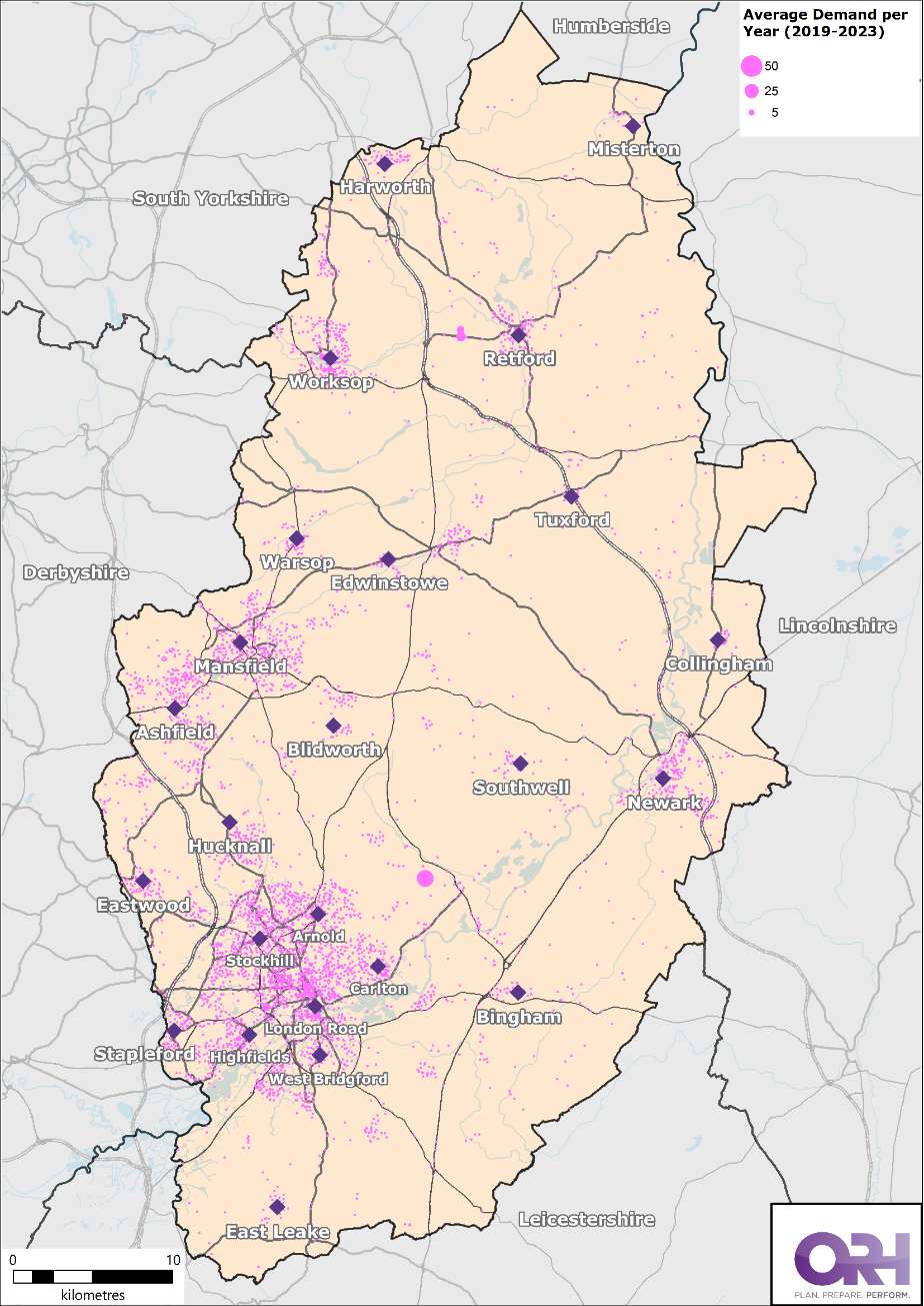 Map of Nottinghamshire showing the location of all life risk incidents between 2019 - 2023