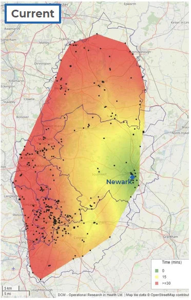 Heat map of Nottinghamshire showing the current location of the Animal Rescue Unit, Newark.