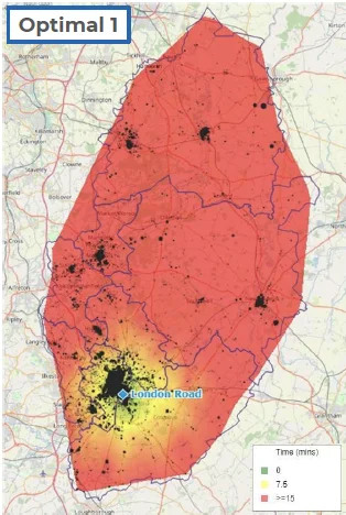 Map of Nottinghamshire showing the optimal location of a single Aerial Ladder Platform