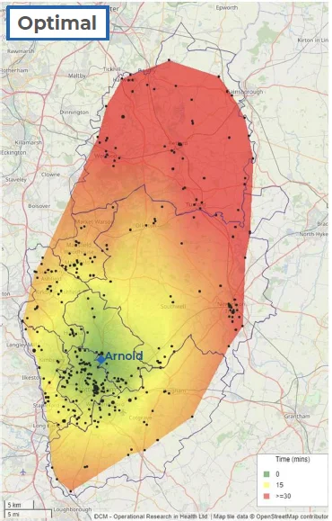 Heat map of Nottinghamshire showing the optimal location of Animal Rescue Unit being Arnold
