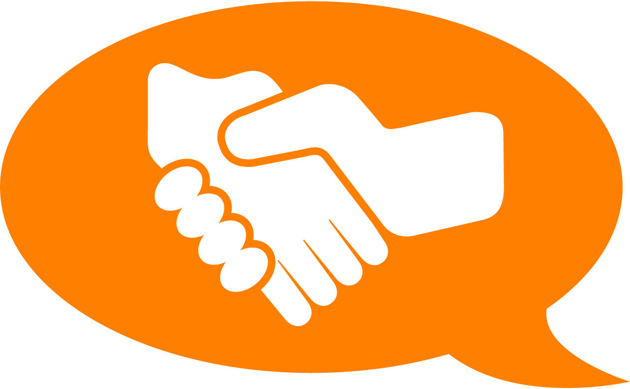 Orange speech bubble with two hands shaking inside