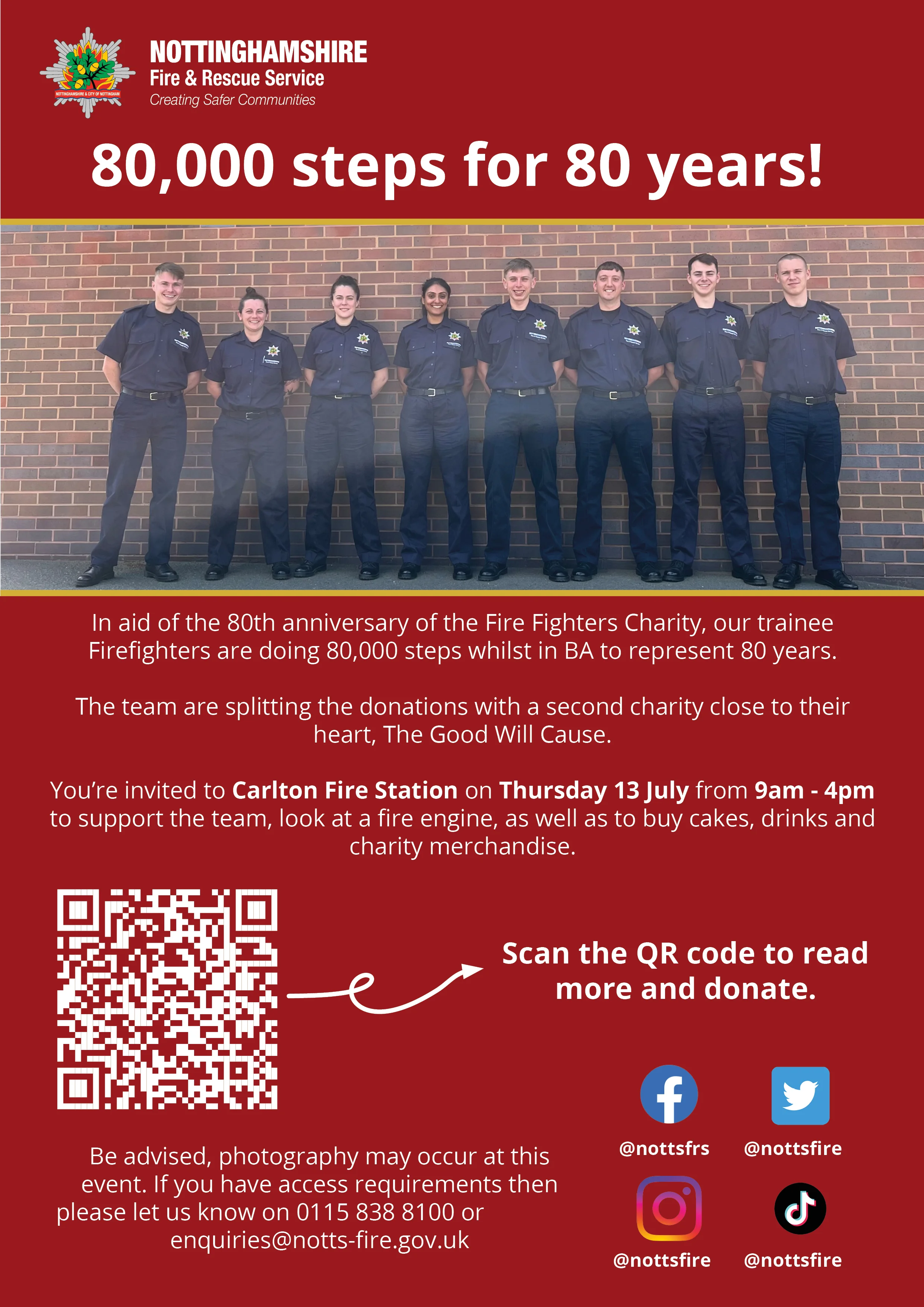 Red poster with QR code and picture, inviting people to the charity steps event