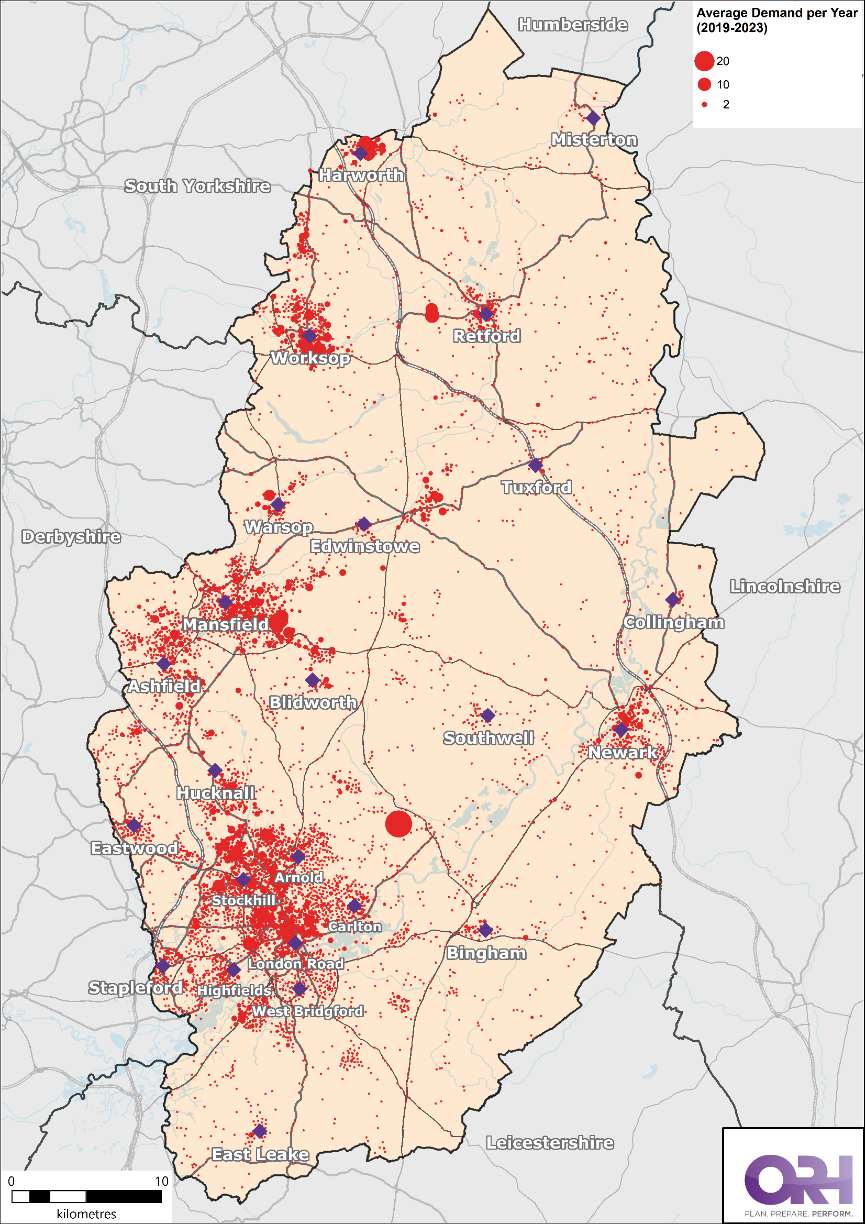 Map of Nottinghamshire showing the location of all fires between 2019 - 2023