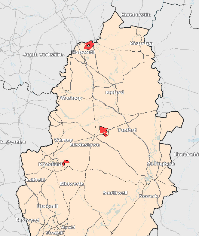 Map of Nottinghamshire showing three small areas highlighted in red demonstrating outliers in incident data.