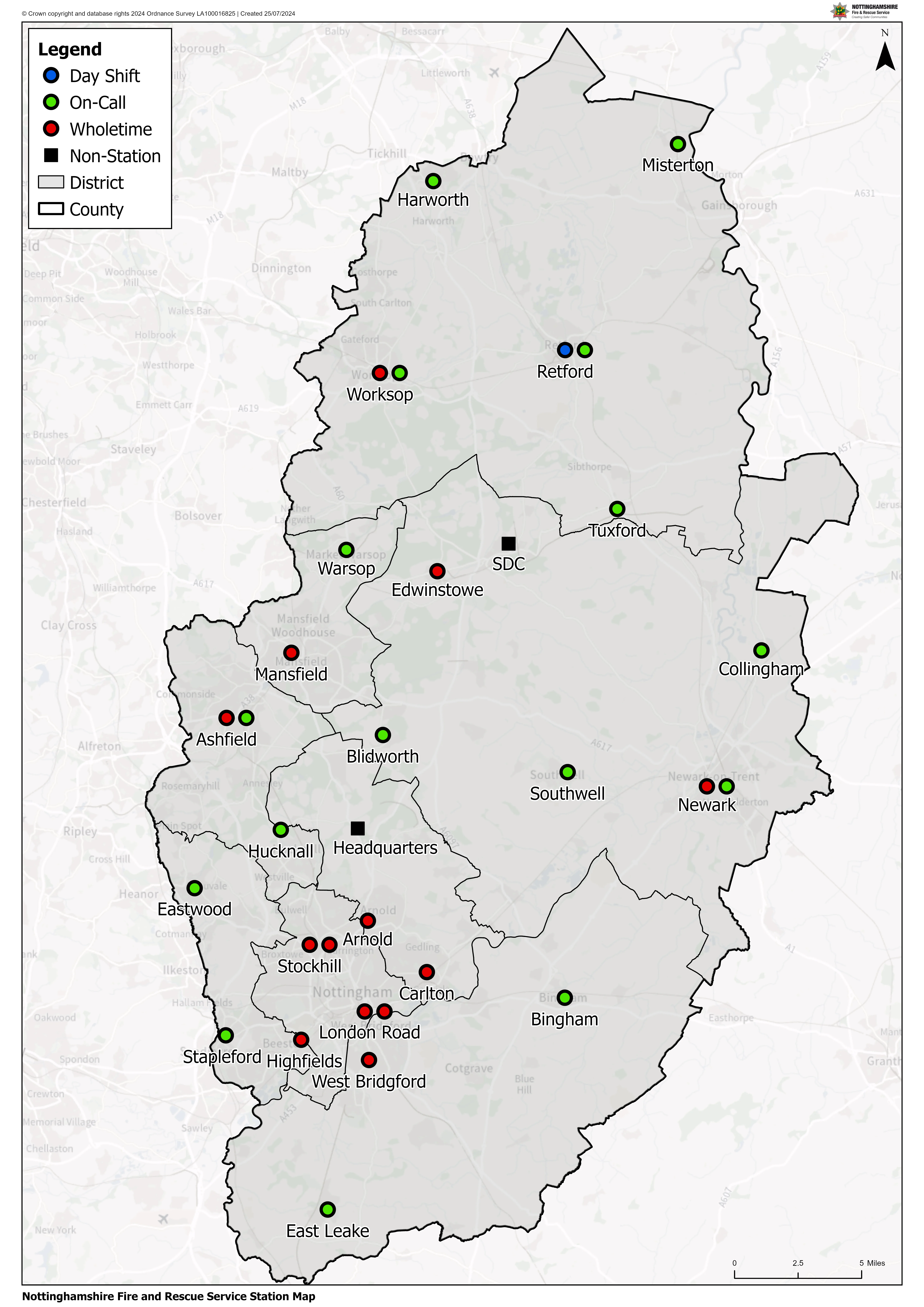 Map of Nottinghamshire showing the location of fire stations across the county and if they are wholesome or on-call