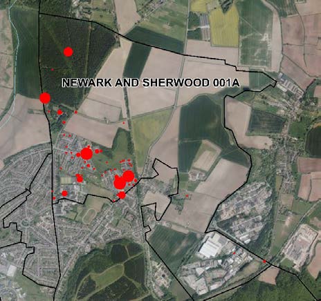 Map of Newark and Sherwood with hot spots of incident data