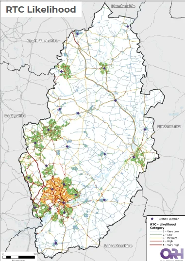Map of Nottinghamshire showing the likelihood of a road traffic collision to happen.