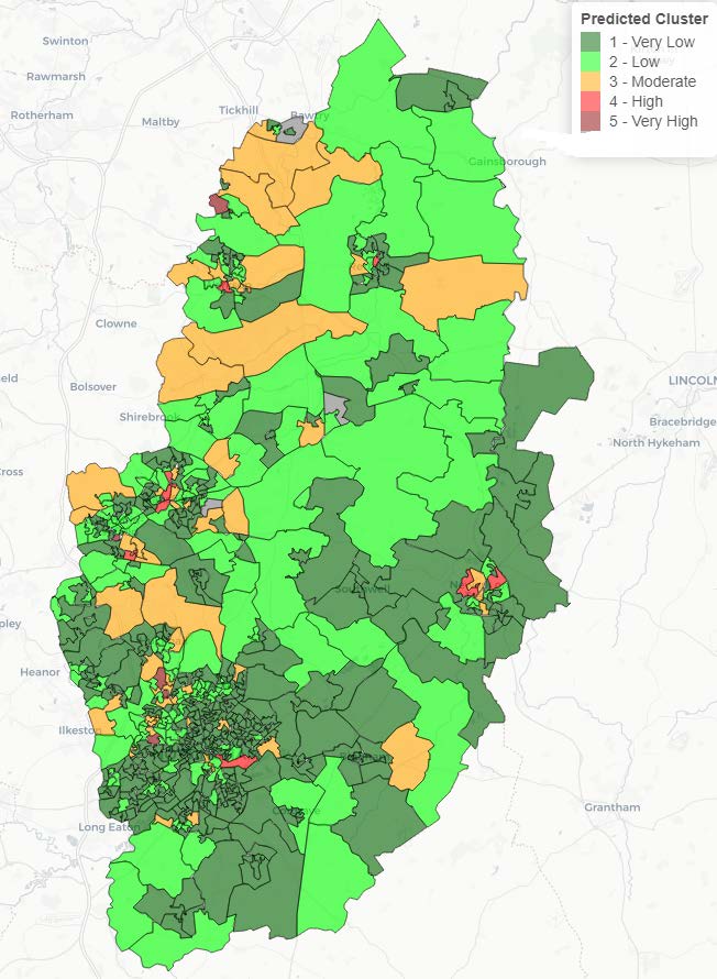 Map of Nottinghamshire showing outdoor fires predicted risk clusters