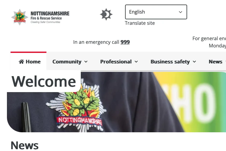 Screenshot showing the home page of Nottinghamshire Fire and Rescue Service