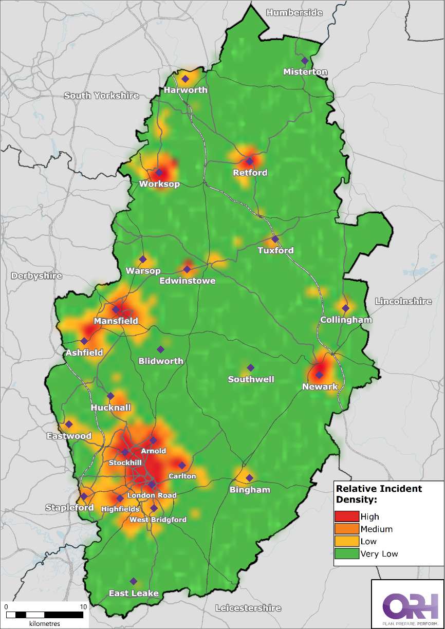 Heat map of Nottinghamshire showing the location of Special Service incidents