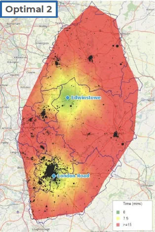 Map of Nottinghamshire showing the optimal location of two Aerial Ladder Platforms