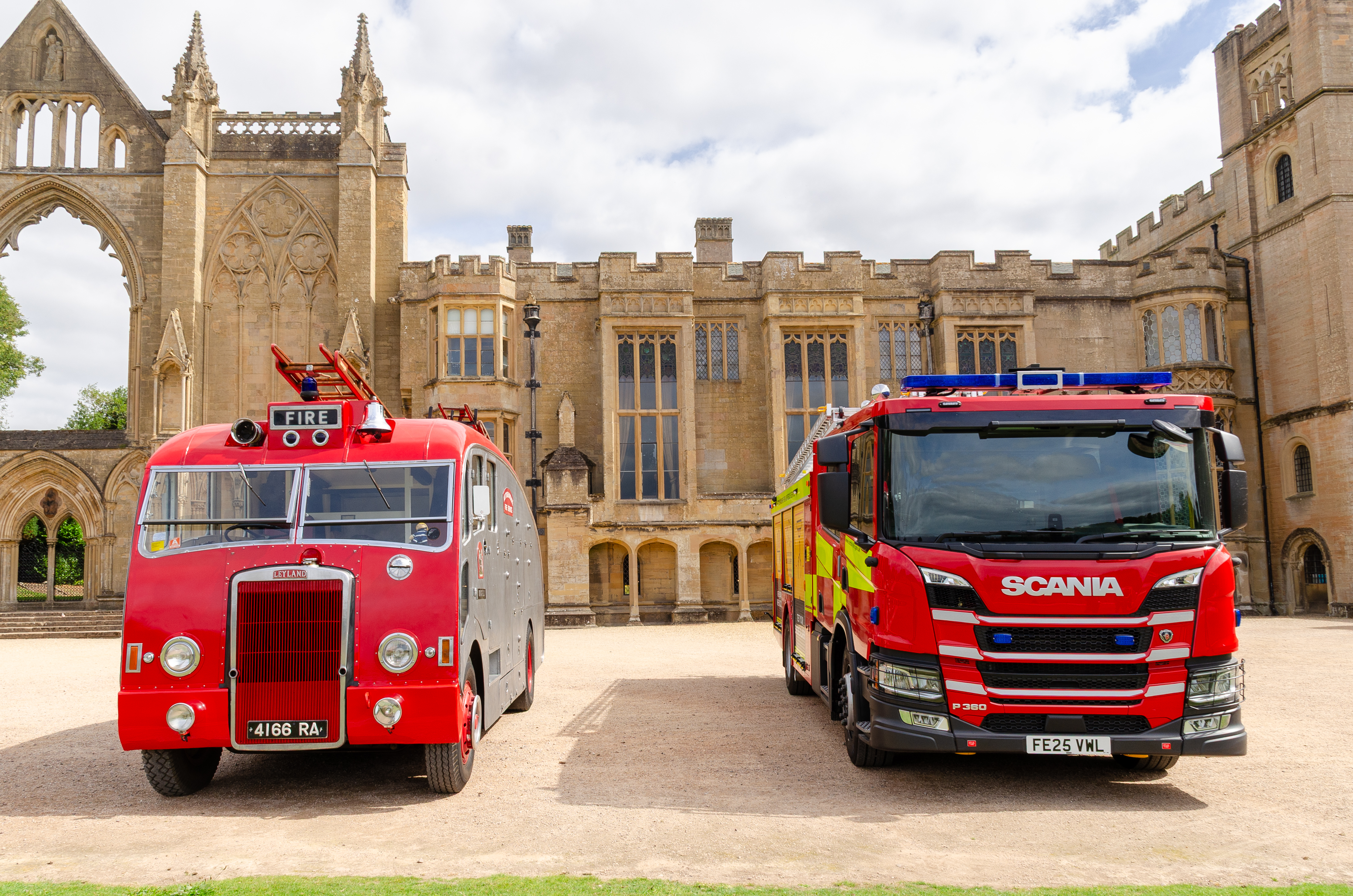 1955 Leyland fire appliance left, 2025 appliance to the right in front of Newstead Abbey.