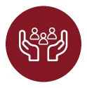 maroon circle with a white graphic of open hands holding up three people