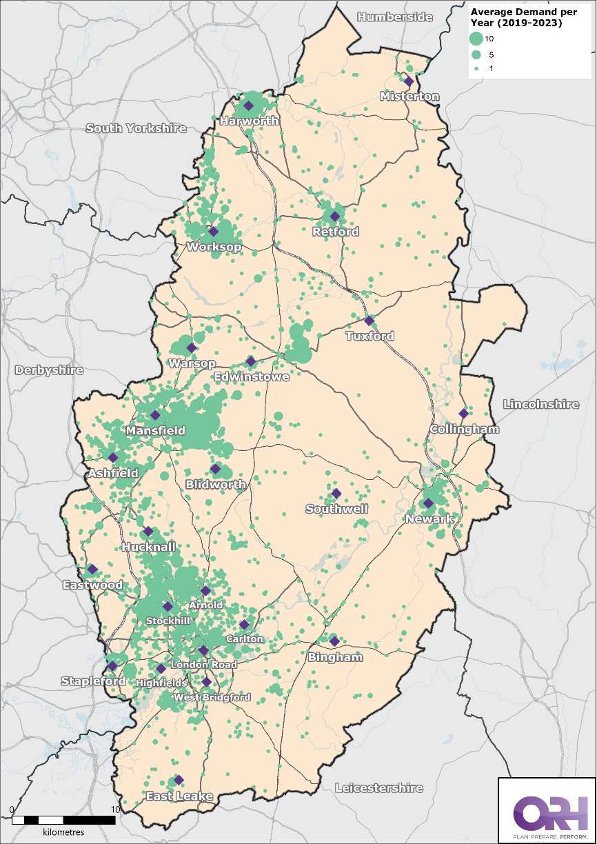 Map of Nottinghamshire showing the average demand of outdoor fires between 2019 - 2023