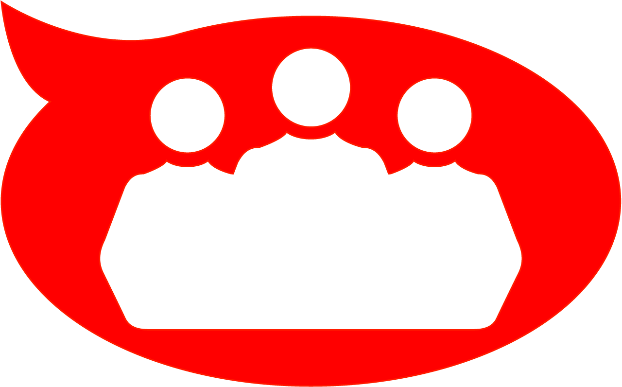 Red speech bubble with the silhouette of three people inside it