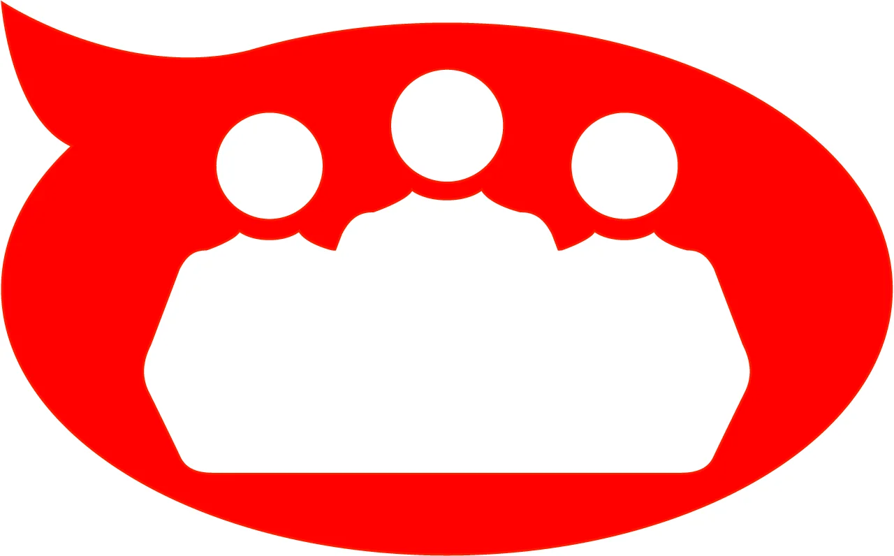 Red speech bubble with the silhouette of three people inside it