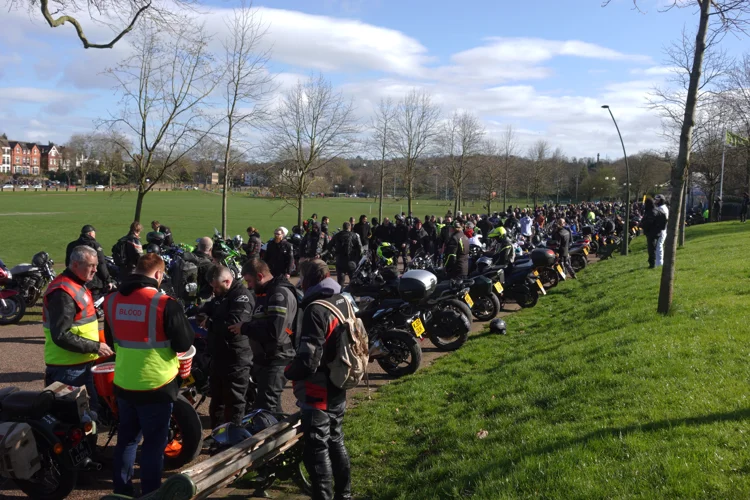Hundreds of bikers lining up ready to set off on the Egg Run at Forest Recreation Ground
