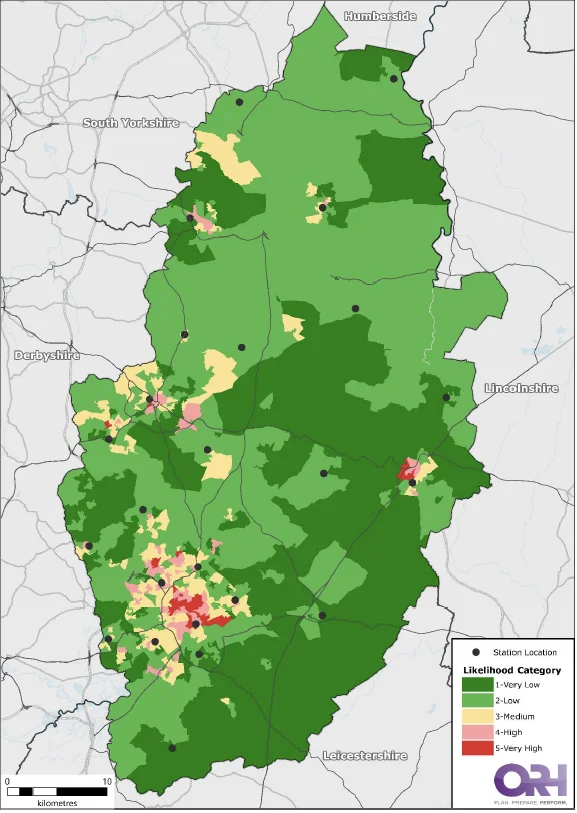 Map of Nottinghamshire showing the likelihood of fires in Lower Super Output Areas (LSOAs)