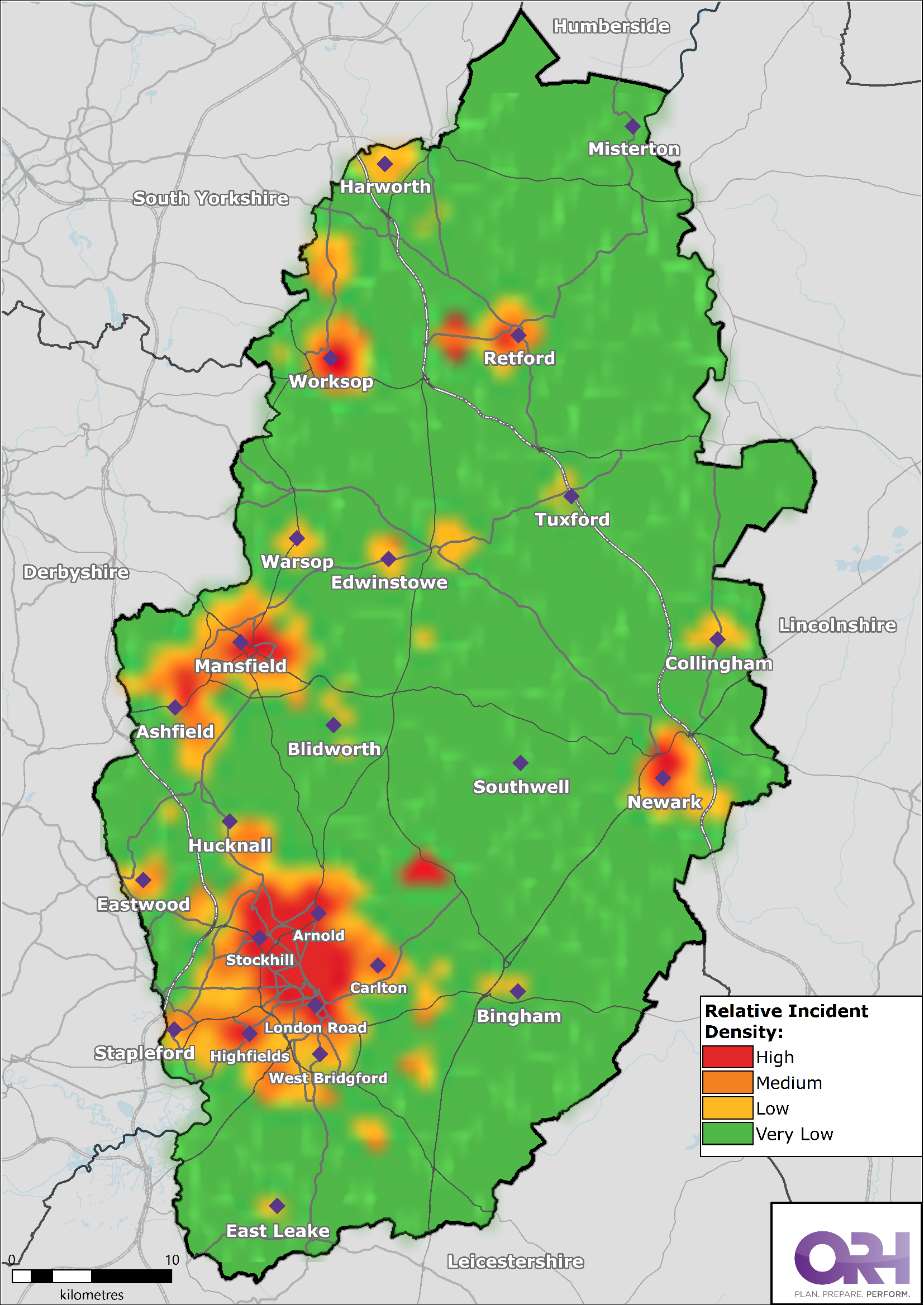 Heat map of Nottinghamshire showing the location of all life risk incidents between 2019 - 2023