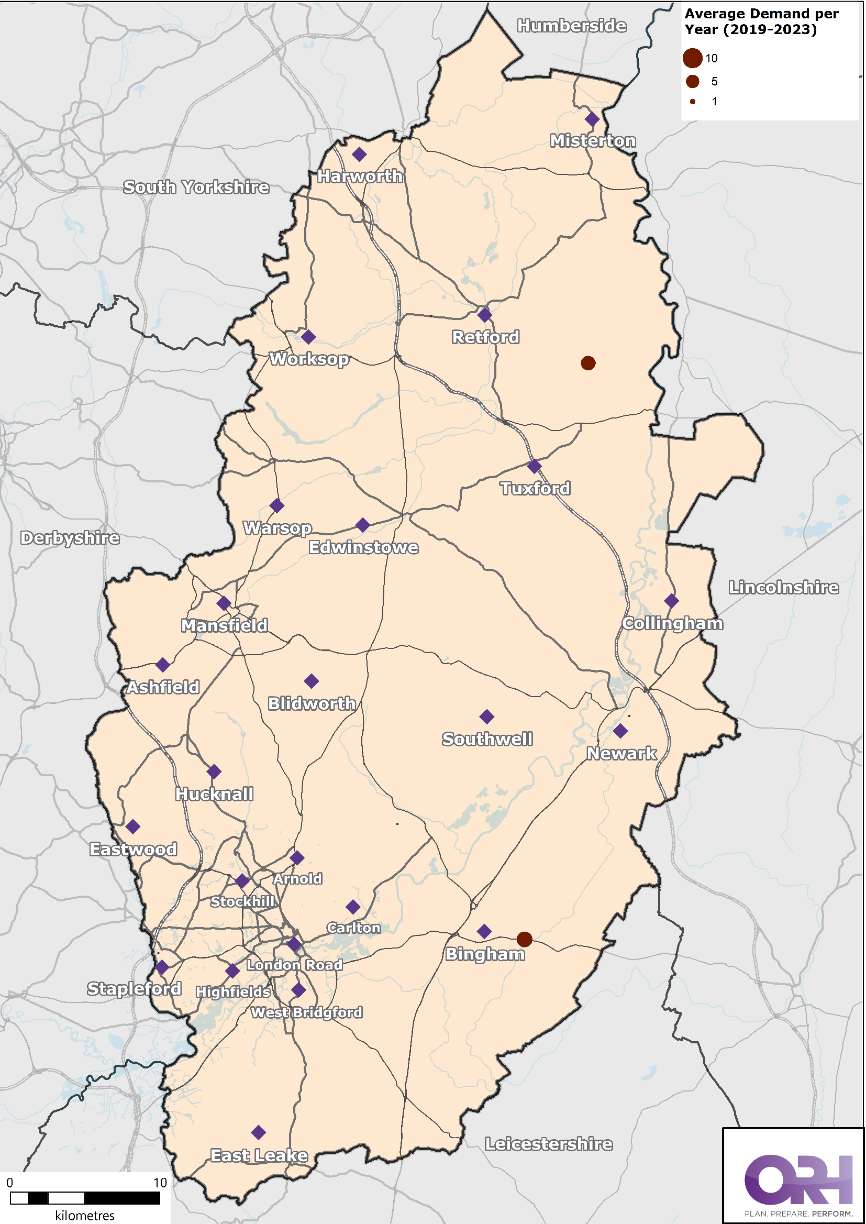 Map of Nottinghamshire showing the average demand of Automatic Fire Alarm incidents in prisons between 2019-2023