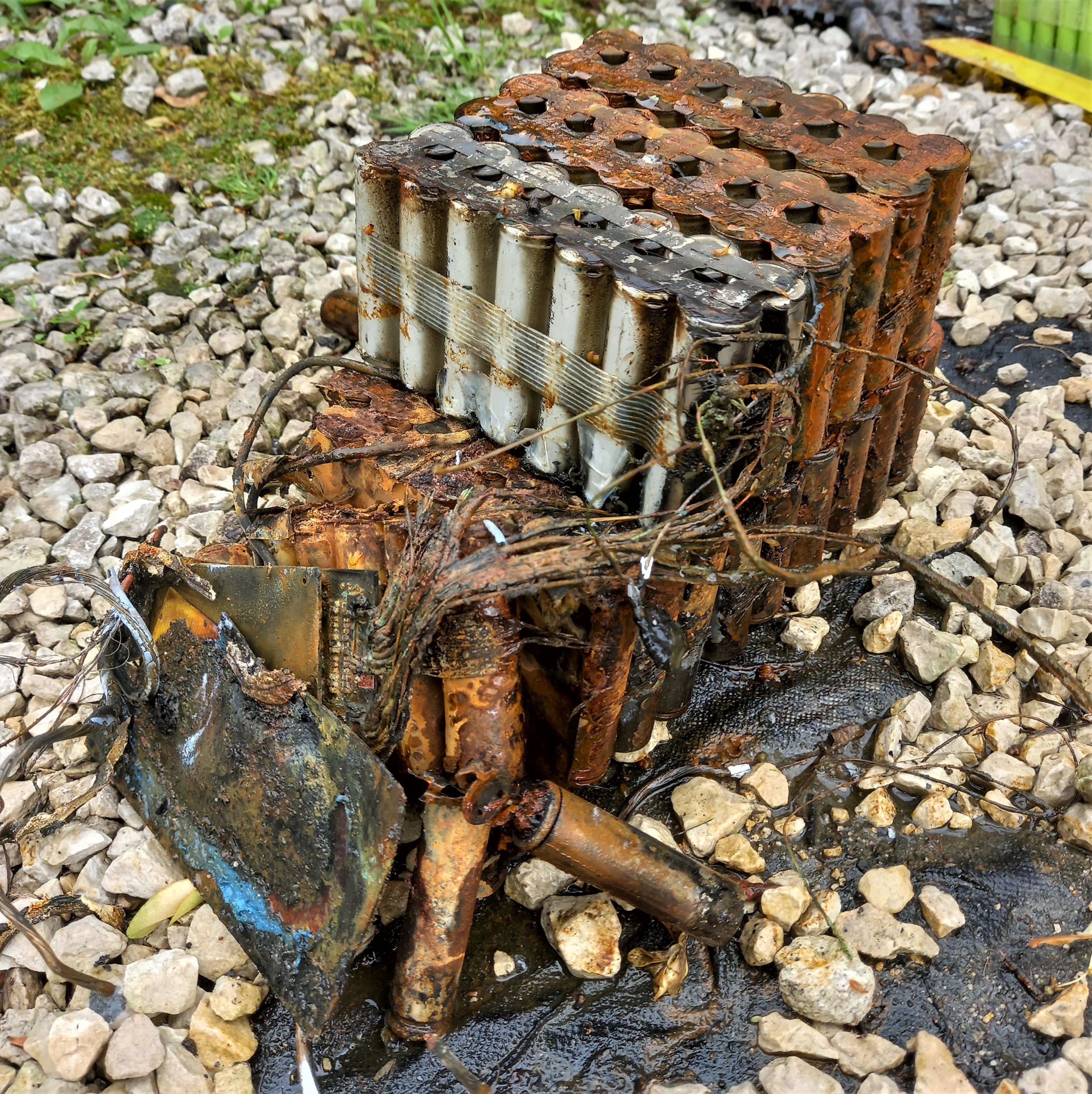 A fire damaged lithium-ion battery