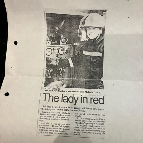 Newspaper clipping of female firefighter 