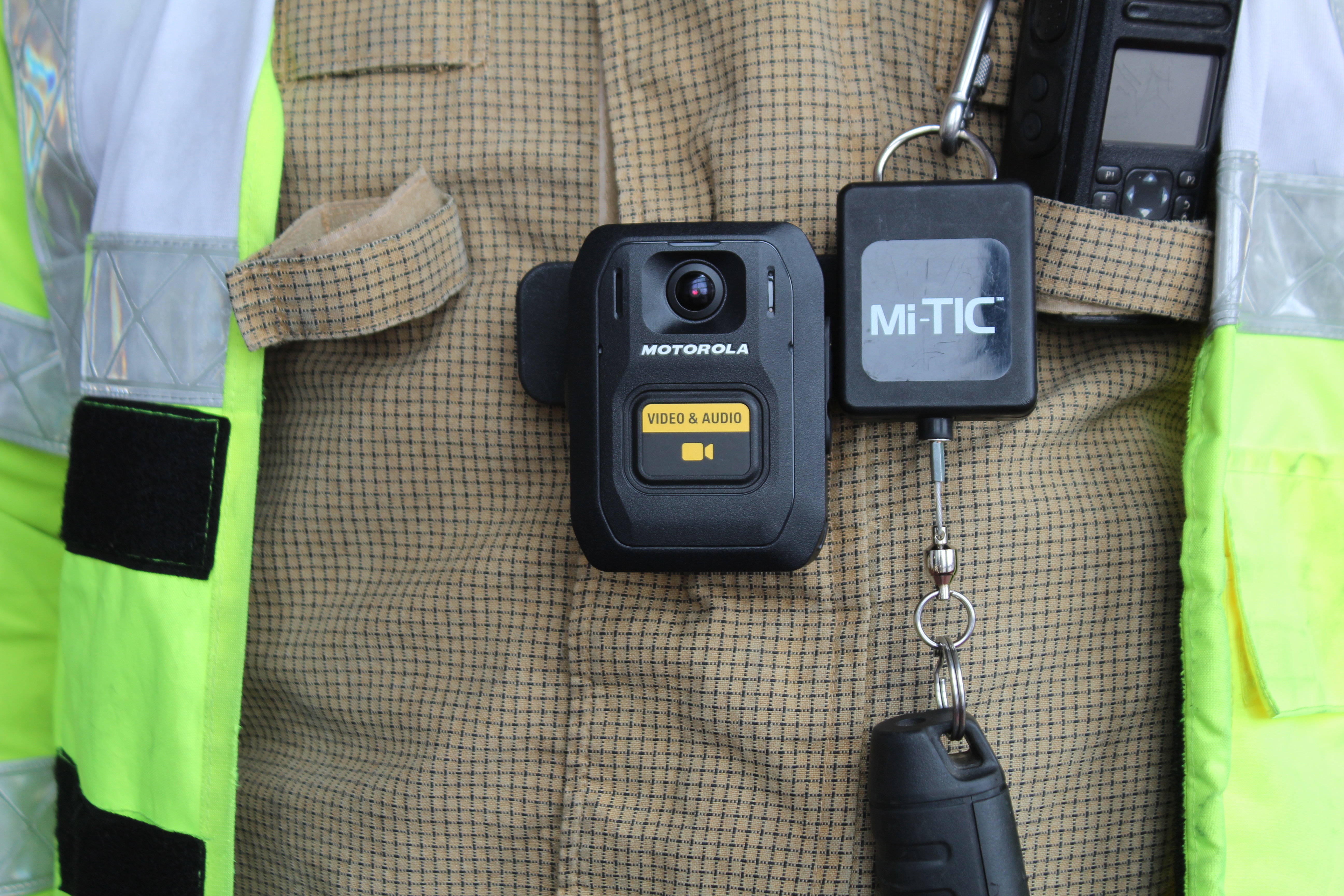 Close up photo of body worn video camera on a firefighter wearing fire kit