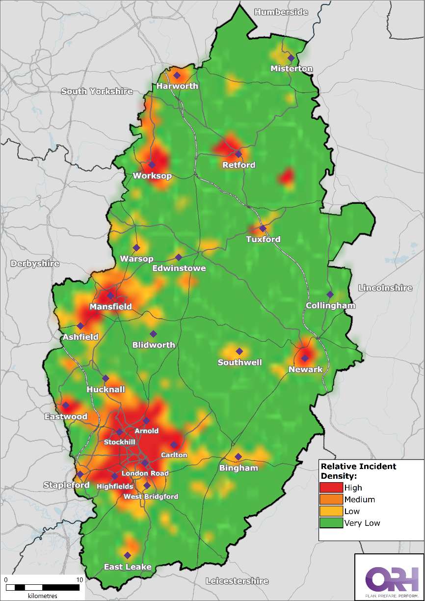 Heat map of Nottinghamshire showing the location of False Alarms