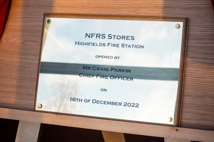 Commemorative plaque which reads: "NFRS Stores, Highfields Fire Station, opened by Mr Craig Parkin, Chief Fire Officer on 16 December 2022"
