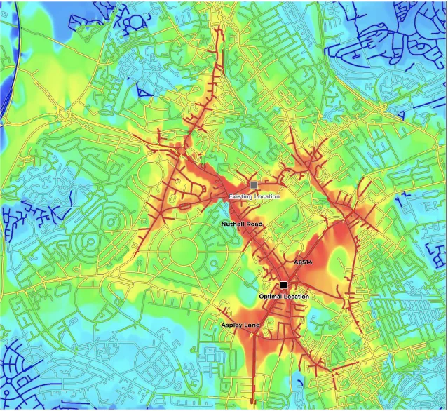 Heat map of Stochill showing the current and optimal location of Stockhill Fire Station
