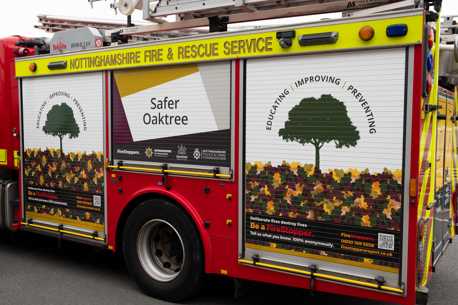 The side of a fire engine which has a design on to help prevent grass fires 